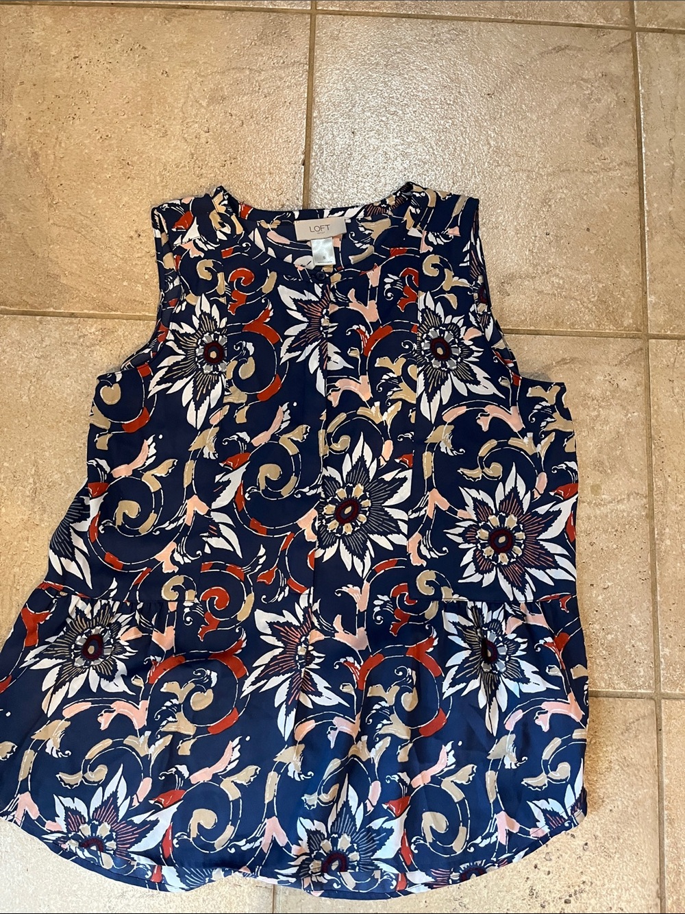 LOFT Navy Floral Button-Front Shell with Red and Cream Accents